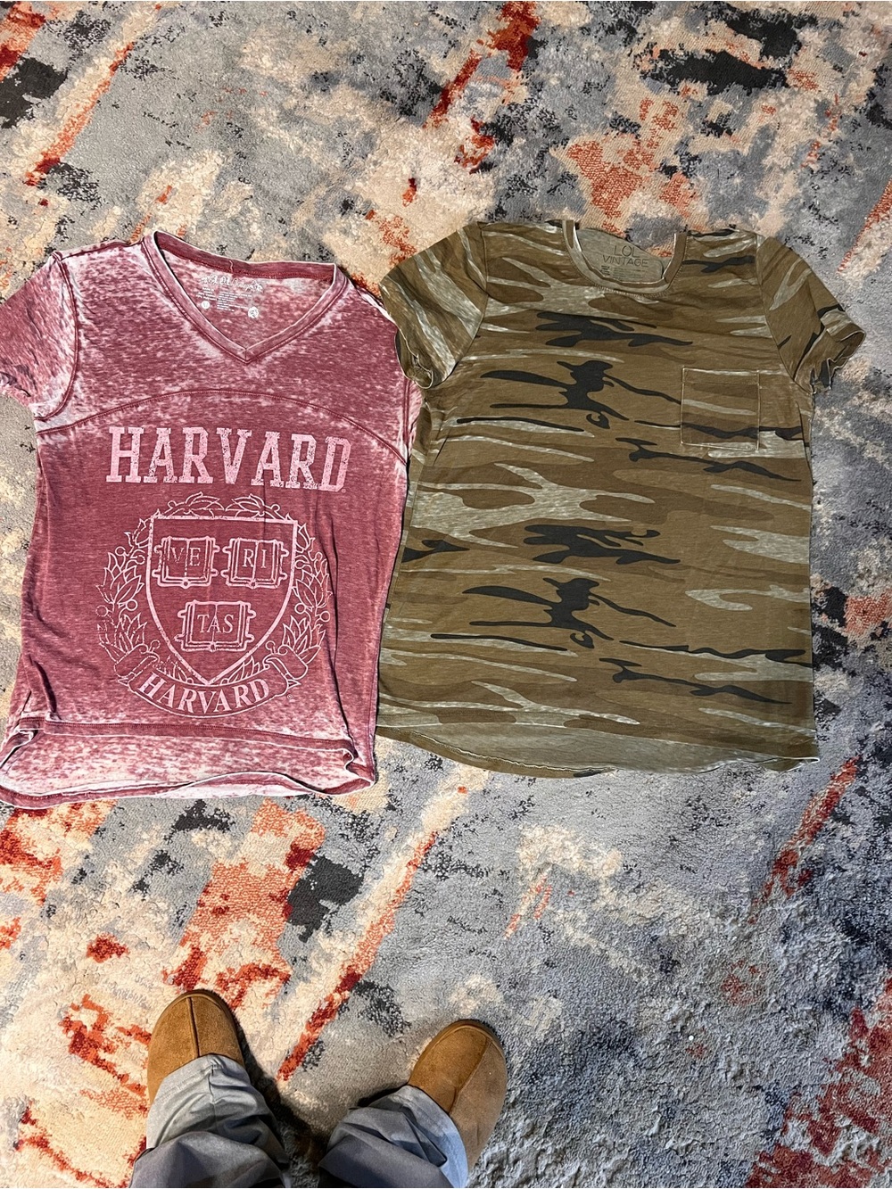 Vintage Style Women's Short Sleeve V Neck Tee in Berry Wash and Camo Long Tee
